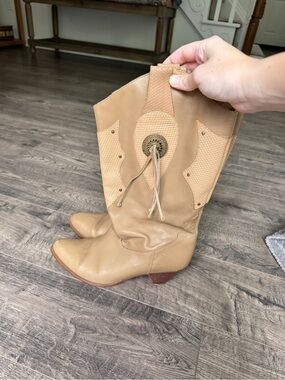 Classic Tan Mid-Calf Western Boots with Decorative Tie